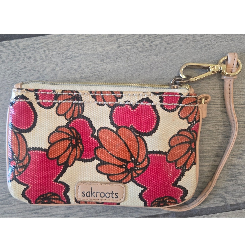 Sakroots Floral Coated Canvas Wristlet Wallet Pink Orange Gold Tone Hardware